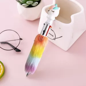 Caneta Esferográfica Unicórnio Fofo 6 Cores com Pom Pom