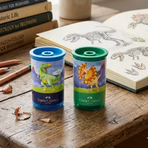 Apontador com Depósito Tubo Dinossauro Faber-Castell: