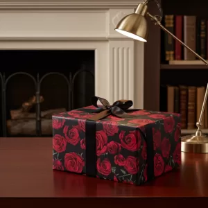 Papel de Presente Premium – Rosas de Luxo (Fundo Preto)