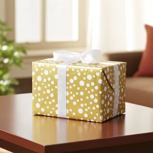 Papel de Presente Premium – Poá Chic (Dourado & Branco)